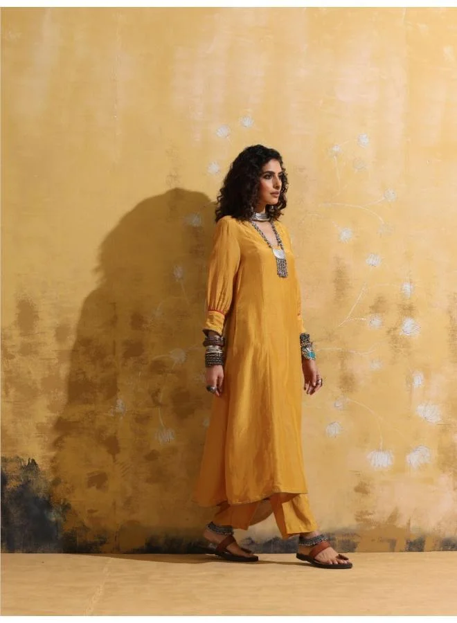 trueBrowns trueBrowns Mustard Muslin Silk A-line Kurta Pant Set