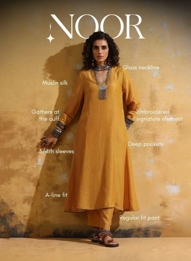 trueBrowns trueBrowns Mustard Muslin Silk A-line Kurta Pant Set