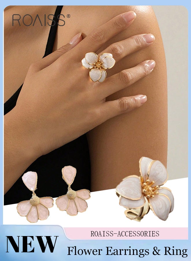 roaiss 3 Pcs Floral Earrings and Ring set, Fresh Simple Flower Drop Earrings, Vintage Open Adjustable Ring,Fashion Accessories for Women Daily Wear, Festivals, Social Occasions and Wedding Gifts - Image 1