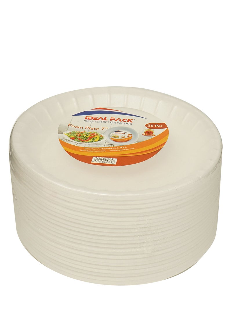 IDEAL PACK Foam Plate White 7 Inch Disposable, Tableware 25 Pieces. 1 PKTS - Image 1