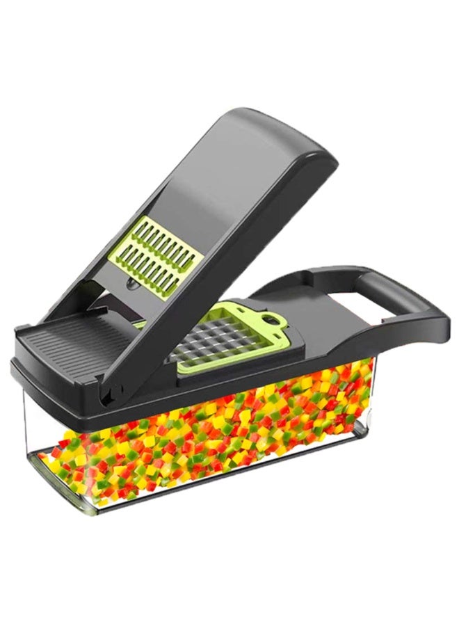 Denx 15-in-1 Multifunctional Vegetable Chopper With Container, Stainless Steel Blades, Food Dicer Cutter – Black & Green - Image 1