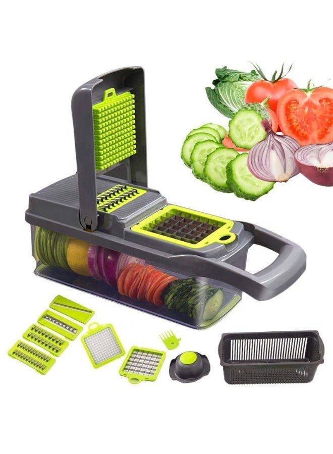 Denx 15-in-1 Multifunctional Vegetable Chopper With Container, Stainless Steel Blades, Food Dicer Cutter – Black & Green - Image 5