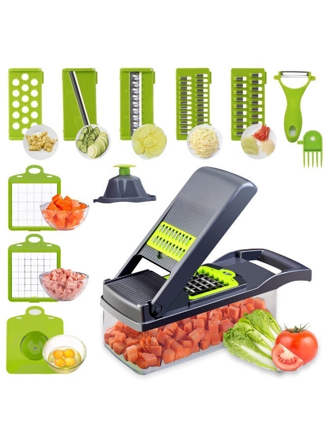 Denx 15-in-1 Multifunctional Vegetable Chopper With Container, Stainless Steel Blades, Food Dicer Cutter – Black & Green - Image 2