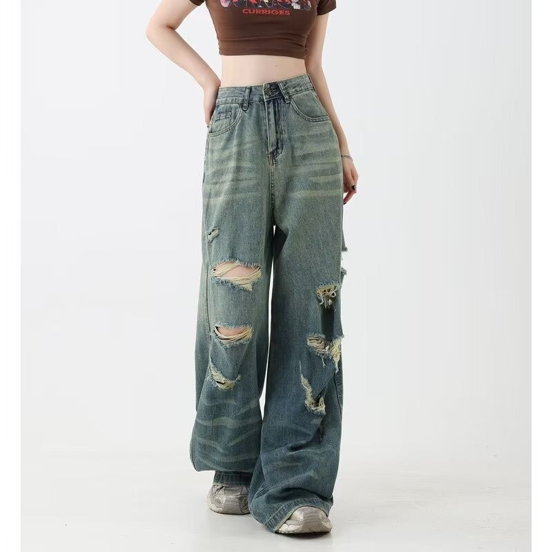 Gradient Ripped Wide Leg Jeans Women'S Summer Thin High Waist Straight Leg Pants With Design Sense Washed American Style High Street - Image 1
