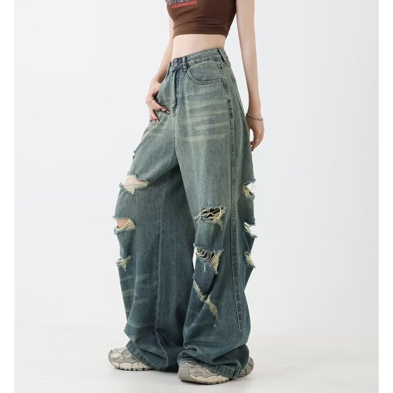 Gradient Ripped Wide Leg Jeans Women'S Summer Thin High Waist Straight Leg Pants With Design Sense Washed American Style High Street - Image 5