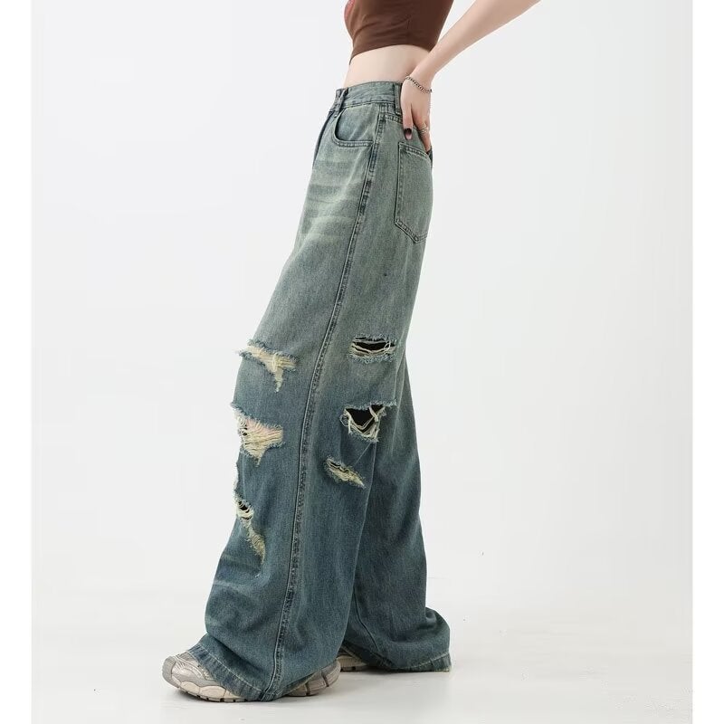 Gradient Ripped Wide Leg Jeans Women'S Summer Thin High Waist Straight Leg Pants With Design Sense Washed American Style High Street - Image 4