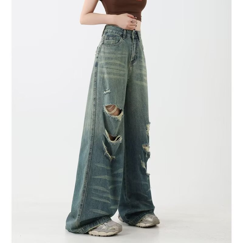Gradient Ripped Wide Leg Jeans Women'S Summer Thin High Waist Straight Leg Pants With Design Sense Washed American Style High Street - Image 3