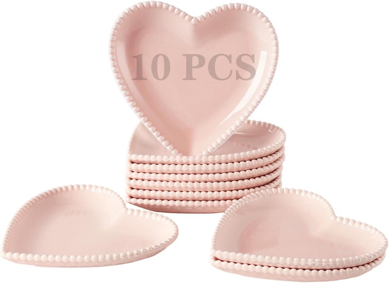 OMAYKEY 63 Inch Ceramic Dessert Plates Small Salad Plates Porcelain Heart Shaped Appetizer Plates Dinner Plates for Cake Snack Ice Cream Microwave Oven Dishwasher Safe Pink  Set of 10 - Image 1