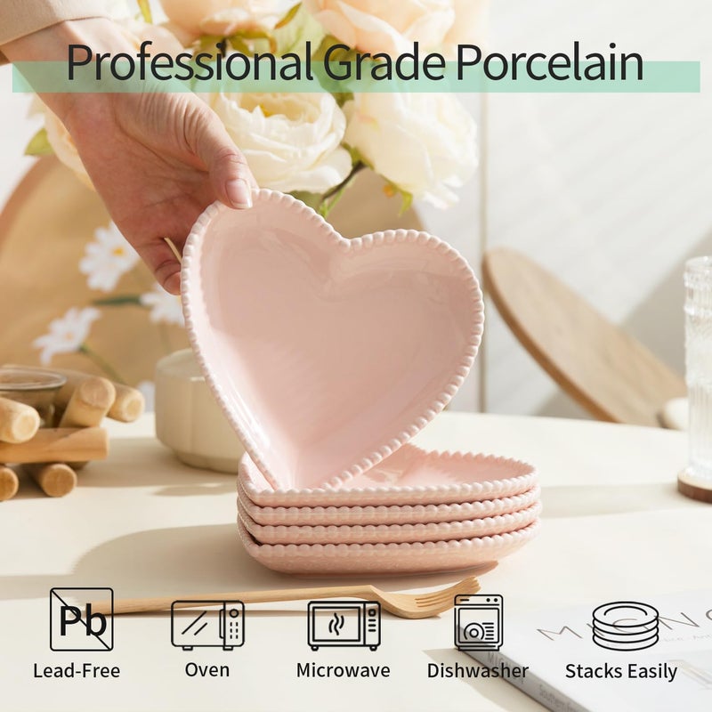 OMAYKEY 63 Inch Ceramic Dessert Plates Small Salad Plates Porcelain Heart Shaped Appetizer Plates Dinner Plates for Cake Snack Ice Cream Microwave Oven Dishwasher Safe Pink  Set of 10 - Image 5