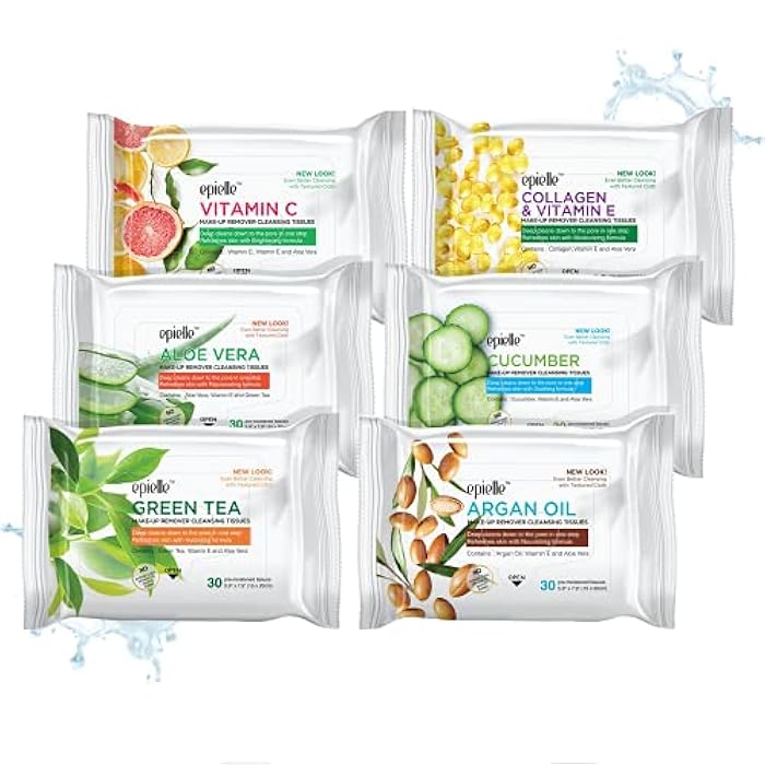 Epielle Gentle Skin Cleansing Wipes, 6 pack of 30 count each of Vitamin C, Cucumber, Aloe Vera, Collagen&Vitamin E, Green Tea, and Argan, Alcohol-Free, Hypoallergenic, Natural Extracts, Oily Skin. - Image 1