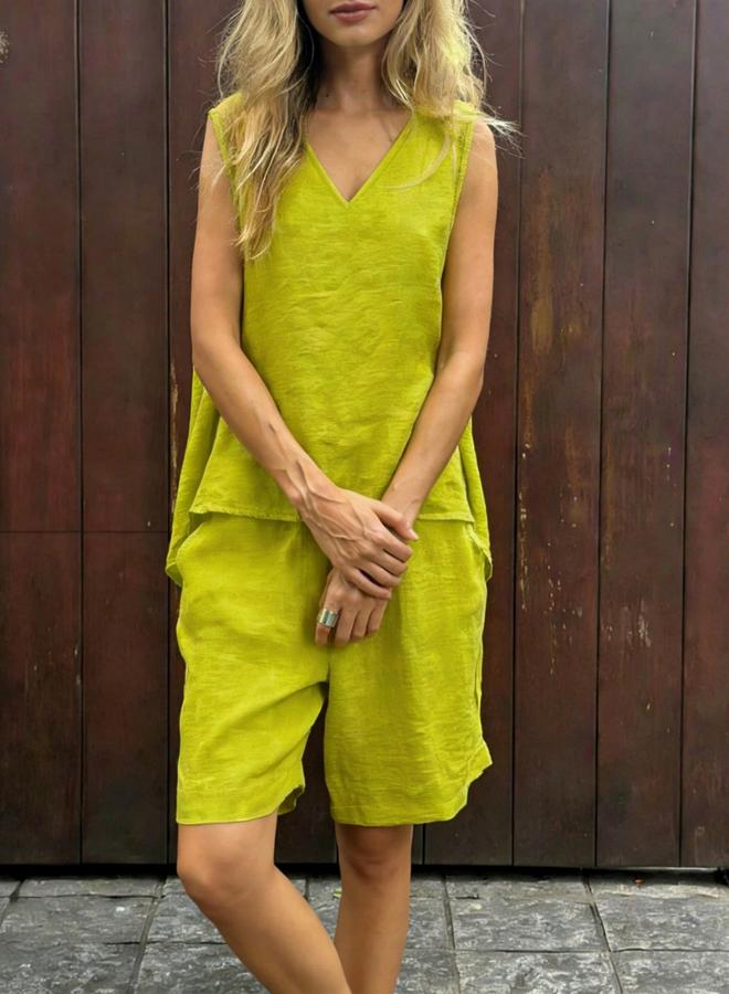 Take Two Green V Neck Top and Shorts Co-Ord Set - Image 3