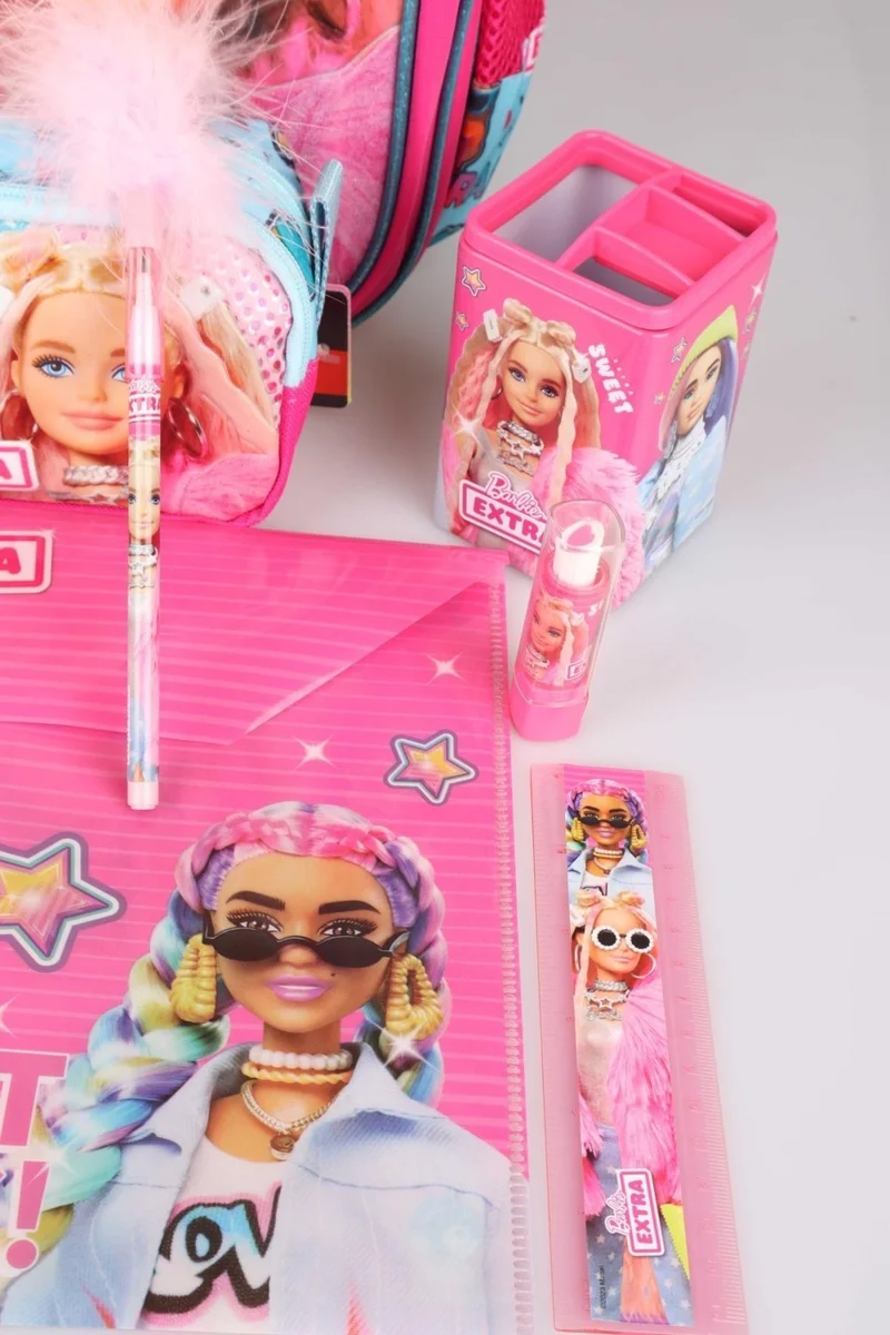 باربي Dekomus with Licensed "Pink Blue Princess Collection" 3 Compartment School Bag and Stationery Set