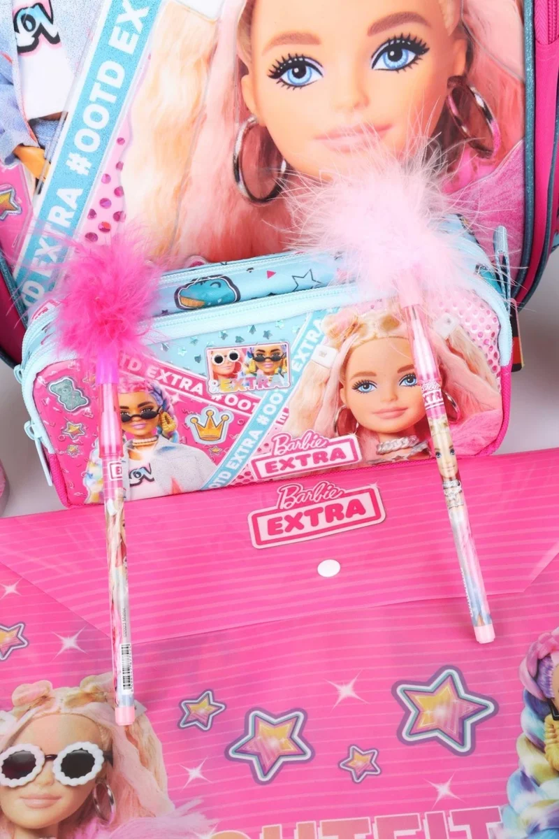 باربي Dekomus with Licensed "Pink Blue Princess Collection" 3 Compartment School Bag and Stationery Set