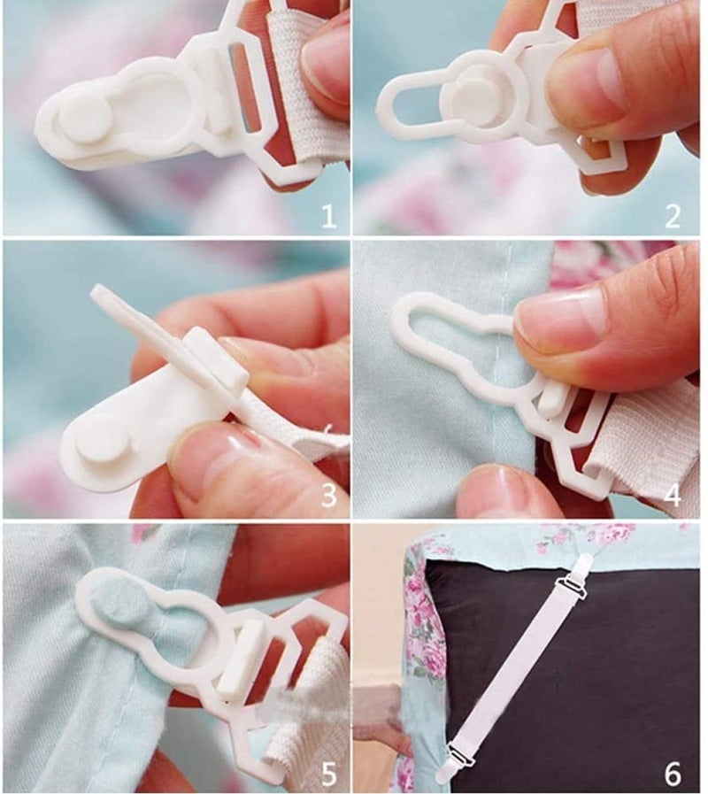 UPKARANWALE Bed Sheet Holder Corner Straps - 4 pcs White, Mattress Cover Clips to Hold Sheets in Place, Adjustable Bed Bands, Elastic Fasteners/Grippers/Suspenders Fitted for Bedding, Keepers - Image 3