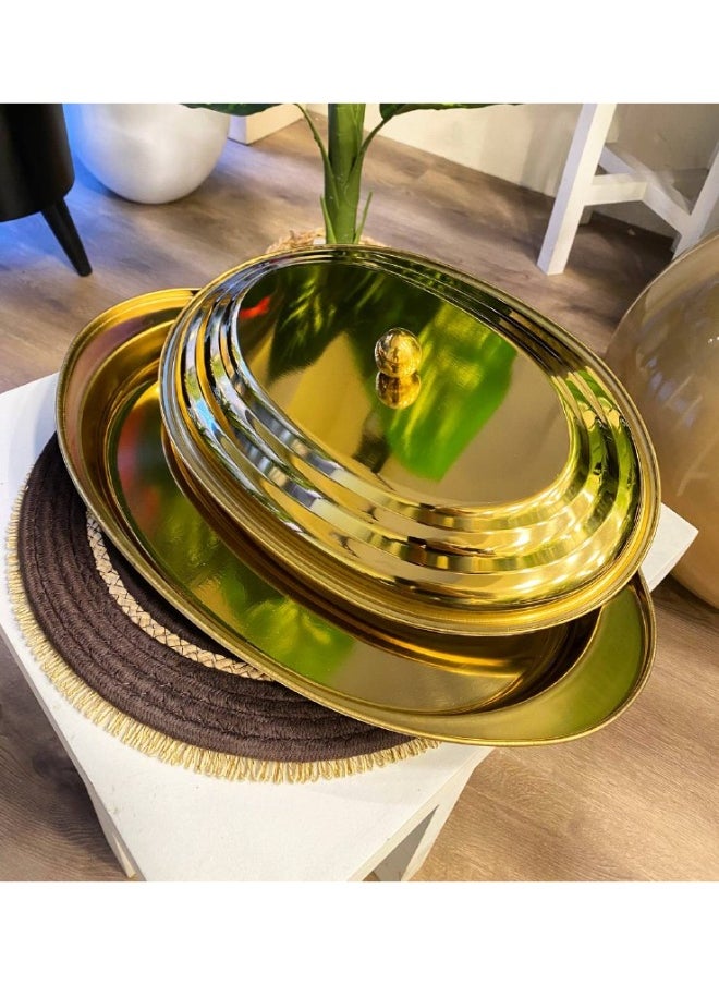 Generic Gold steel service with cover, medium size 45 cm length * 26 cm width  - Image 3