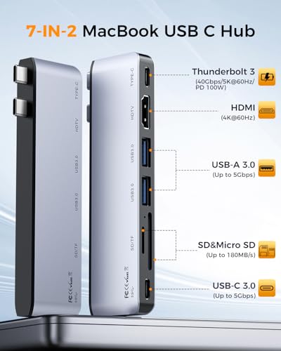Rytaki Pro USB C Hub for MacBook Pro/Air M5 M4 M3 M2 M1 2025-2018 13" 14" 15" 16", 7 in 2 MacBook Multiport Adapter Accessories Dongle with 4K@60Hz HDMI, Thunderbolt 3, USB C&A Ports, SD TF Card Reader - Image 2
