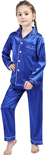 OEIU Children Kid Silky Satin Pajamas Set for Girls Boys pj Set Sleepwear Button-up Lounge Sets Nightwear Royal Blue 160 - Image 4