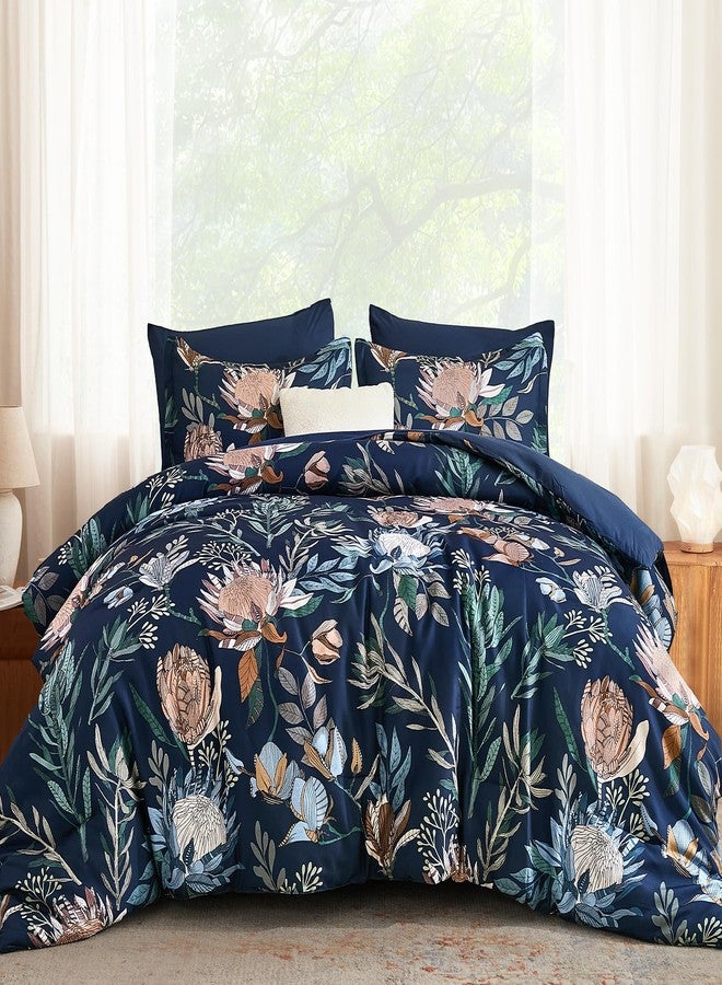 Luxudecor Queen Comforter Set 7 Pieces Bedding Sets, Navy Blue Floral Comforter and Sheet Set, Soft Microfiber Bed in a Bag for All Seasons (Navy Blue,90"x90") - Image 1