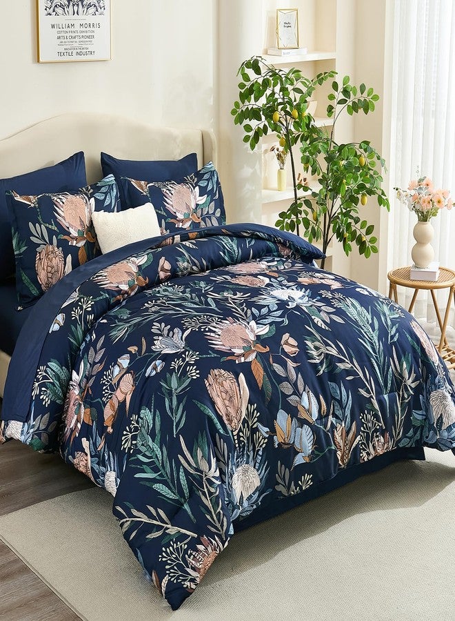Luxudecor Queen Comforter Set 7 Pieces Bedding Sets, Navy Blue Floral Comforter and Sheet Set, Soft Microfiber Bed in a Bag for All Seasons (Navy Blue,90"x90") - Image 2