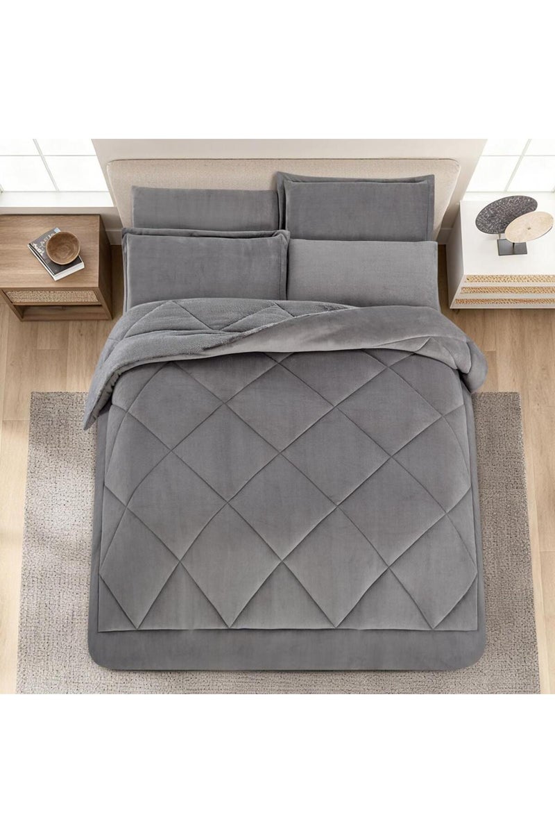 Melen Double Winter Bedding Set - Velvet Faux Fur - 6 Pieces - Fits 200x200 Bed - Joanna - Smoky Grey - Image 2