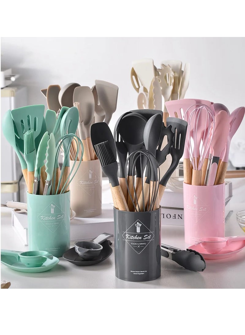 AROAQ Silicone Kitchen Utensils Set With Wooden Handle And Storage Bucket, Heat Resistant Silicone Kitchen Spatulas Set, Black 12pc  - Image 3
