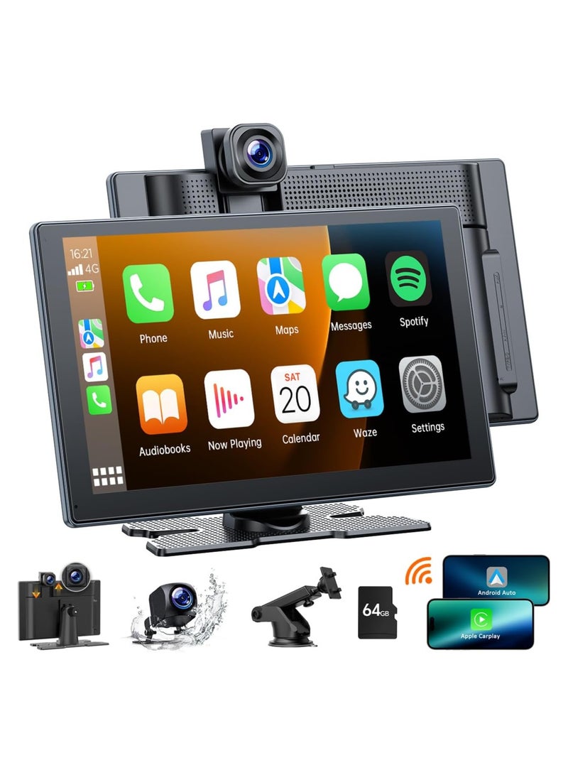 شو وو شاشة CarPlay لاسلكية مقاس 9 بوصات للسيارة مع كاميرا لوحة القيادة 2.5K، وكاميرا احتياطية بدقة 1080 بكسل، وشاشة CarPlay متوافقة مع Apple Android Auto، وMirror Link، وتسجيل حلقي، ونظام ملاحة GPS، وAUX/FM - Image 1