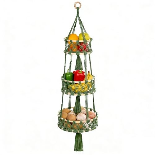 Halidali 3 Tier Hanging Fruit Baskets for Kitchen Macrame Plant Hanger Cotton Rope Handwoven Hammock Produce Storage Organizer Basket for Plants Holder Vegetable Onion Potato Green - Image 1