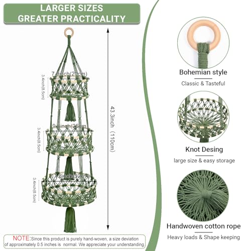 Halidali 3 Tier Hanging Fruit Baskets for Kitchen Macrame Plant Hanger Cotton Rope Handwoven Hammock Produce Storage Organizer Basket for Plants Holder Vegetable Onion Potato Green - Image 3