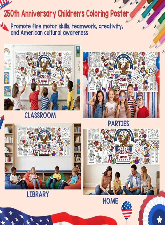 Joyline USA 1776-2026 250th Anniversary Coloring Poster for Kids - Patriotic Eagle Statue of Liberty American Flag Jumbo Tablecloth Kids Crafts Activities Toys Parties Classroom Decor 31x72 Inch - Image 4