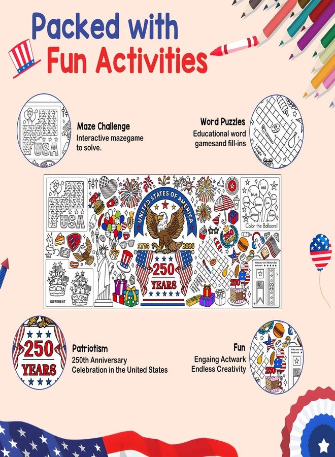 Joyline USA 1776-2026 250th Anniversary Coloring Poster for Kids - Patriotic Eagle Statue of Liberty American Flag Jumbo Tablecloth Kids Crafts Activities Toys Parties Classroom Decor 31x72 Inch - Image 3