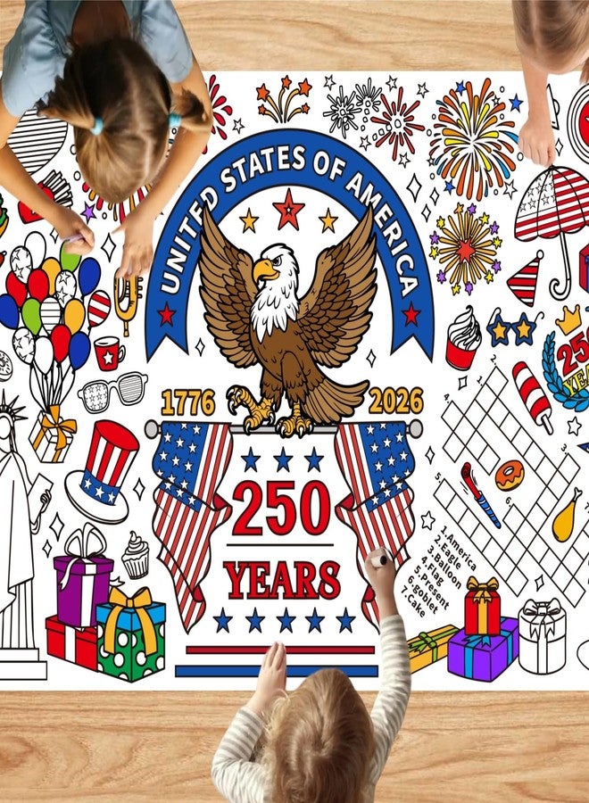 Joyline USA 1776-2026 250th Anniversary Coloring Poster for Kids - Patriotic Eagle Statue of Liberty American Flag Jumbo Tablecloth Kids Crafts Activities Toys Parties Classroom Decor 31x72 Inch - Image 1