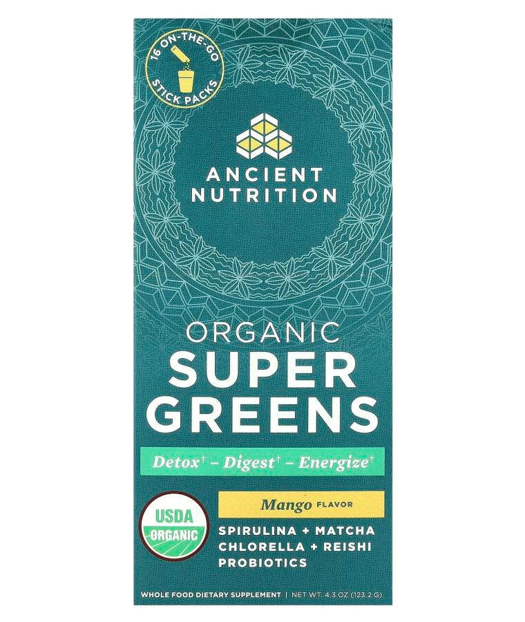 Ancient Nutrition Organic Super Greens Mango 16 On-The-Go Stick Packs 0.3 oz (7.7 g) Each