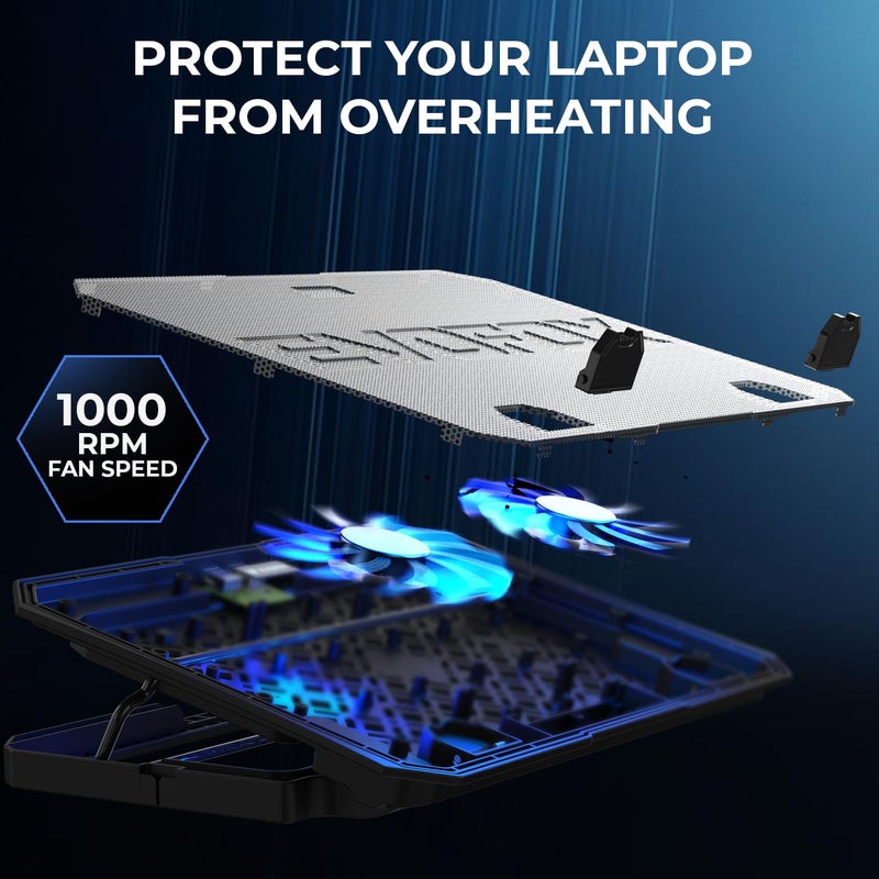 EvoFox Frost Laptop Cooling Pad with 1000 RPM 2X Silent Fans, 5 Adjustable Angles, LED Lights, Durable Metal Mesh Surface, Ergonomic Stand for Laptops up to 15.6 inches (Grey) - Image 3