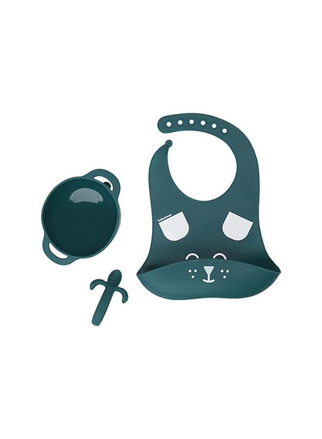 babymoov 3 Pieces Anti Slip Weaning Babies Feeding Set, Spoon And Bib, Blue Dog - Image 1