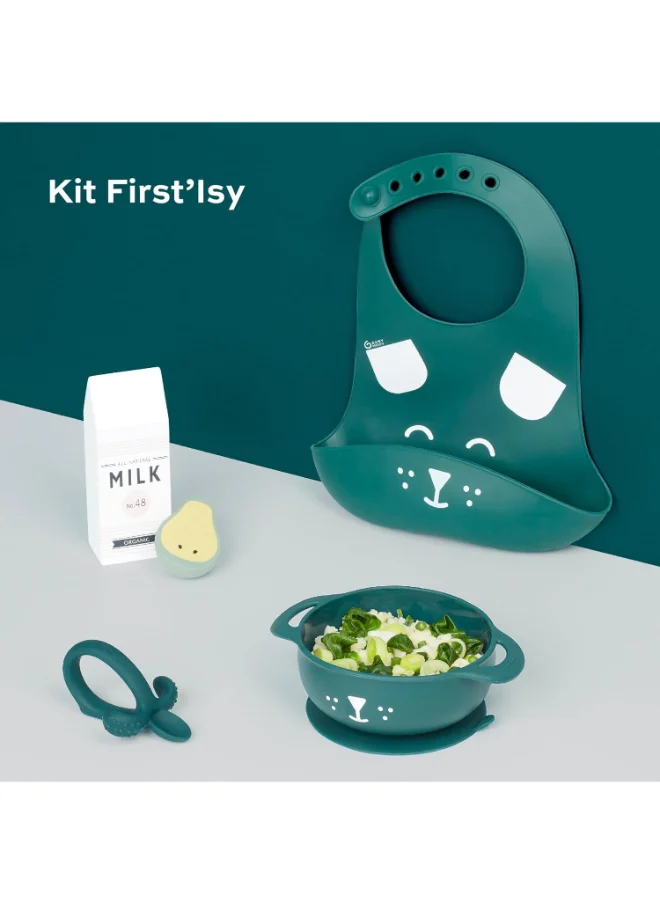 بيبي موف 3 Pieces Anti Slip Weaning Babies Feeding Set, Spoon And Bib, Blue Dog