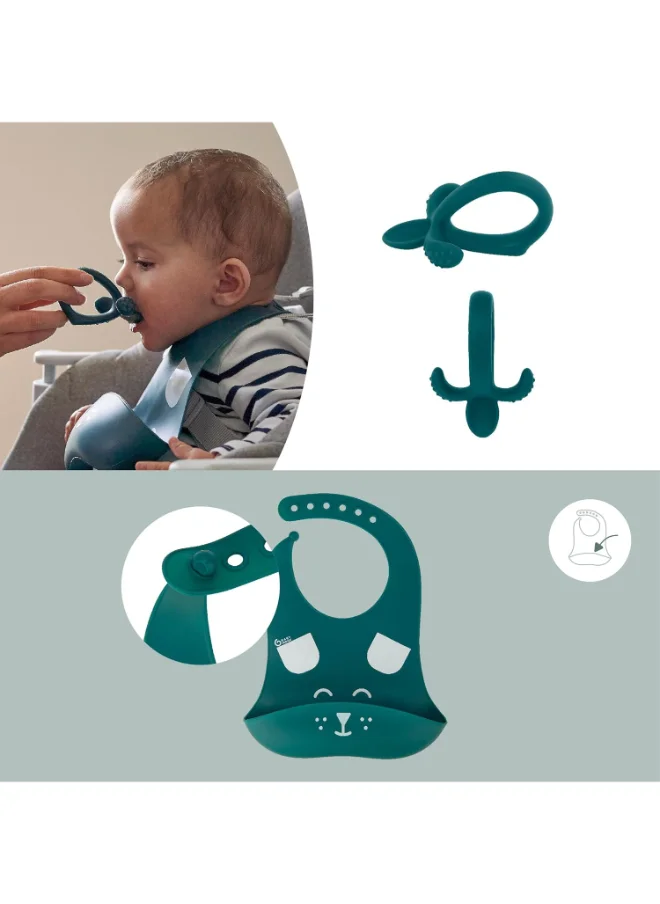 بيبي موف 3 Pieces Anti Slip Weaning Babies Feeding Set, Spoon And Bib, Blue Dog