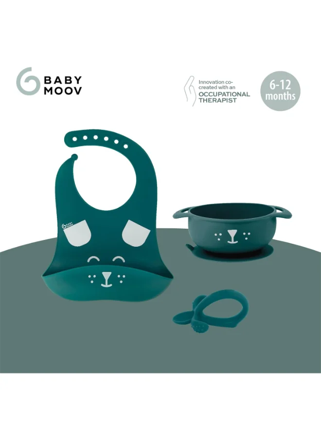 بيبي موف 3 Pieces Anti Slip Weaning Babies Feeding Set, Spoon And Bib, Blue Dog