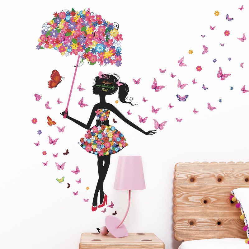 Supzone Flower Fairy Wall Decal Girl with Umbrella Wall Sticker Colorful Butterfly Floral Wall Decor DIY Vinyl Mural Art for Girls Baby Nursery Bedroom Living Room Playroom - Image 1