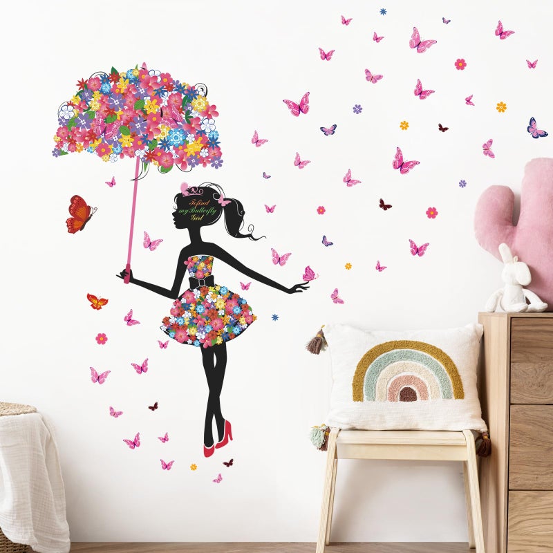Supzone Flower Fairy Wall Decal Girl with Umbrella Wall Sticker Colorful Butterfly Floral Wall Decor DIY Vinyl Mural Art for Girls Baby Nursery Bedroom Living Room Playroom - Image 4