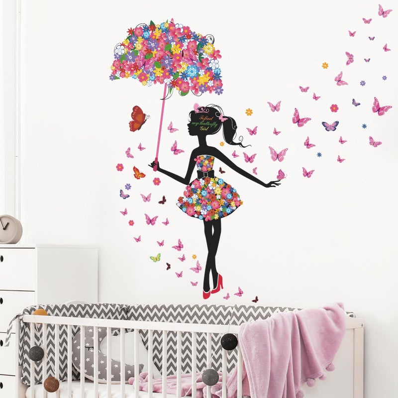 Supzone Flower Fairy Wall Decal Girl with Umbrella Wall Sticker Colorful Butterfly Floral Wall Decor DIY Vinyl Mural Art for Girls Baby Nursery Bedroom Living Room Playroom - Image 3