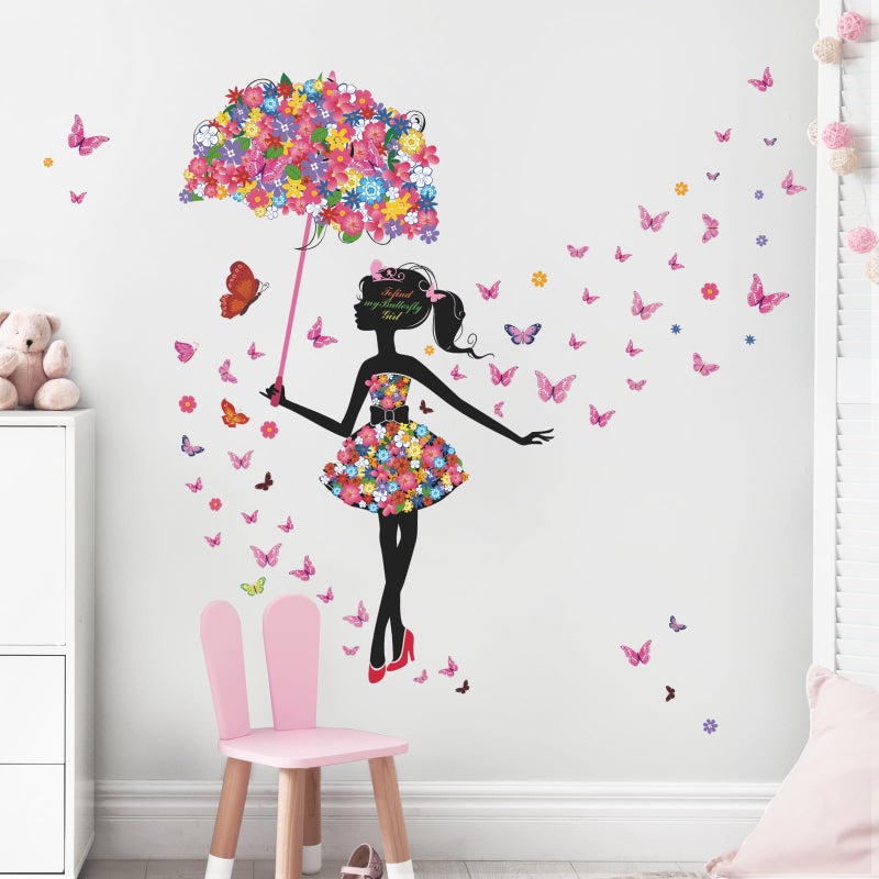Supzone Flower Fairy Wall Decal Girl with Umbrella Wall Sticker Colorful Butterfly Floral Wall Decor DIY Vinyl Mural Art for Girls Baby Nursery Bedroom Living Room Playroom - Image 5