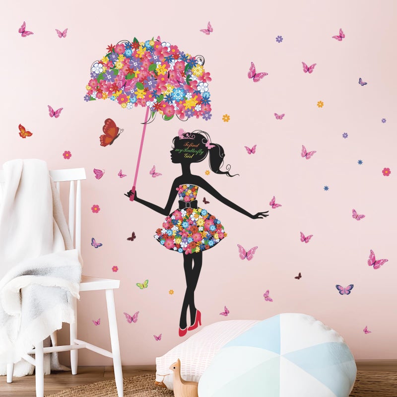 Supzone Flower Fairy Wall Decal Girl with Umbrella Wall Sticker Colorful Butterfly Floral Wall Decor DIY Vinyl Mural Art for Girls Baby Nursery Bedroom Living Room Playroom - Image 2