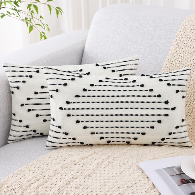 BOHO OUTDOOR THROW PILLOW COVERS 12X20 SET OF 2 FARMHOUSE LUMBAR SUMMER PILLOW COVERS FOR COUCH SOFA LIVING ROOM BLACK CREAM WHITE