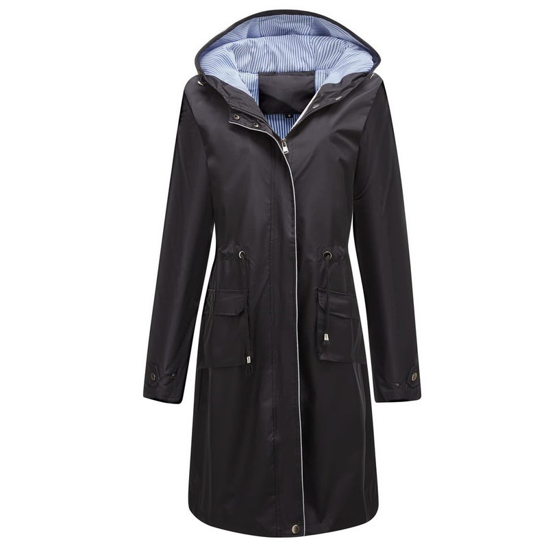 Homgro Womens Hooded Rain Jacket Long Waterproof Raincoat Ladies Fashion Casual Full Zip Anorak Spring Fall Jackets Knee Length Midi Windbreaker Pockets Black XXLarge