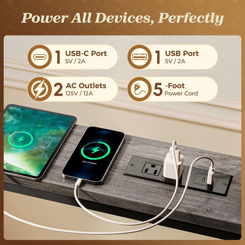 SUPERJARE 110.2 Inch Sofa Table with 2 Power Outlets and USB-C Port, 5.9 Inch Narrow Console Table with Storage, Extra-Long, for Entryway Hallway Couch Behind Sofa, Small Spaces, Grey - Image 3