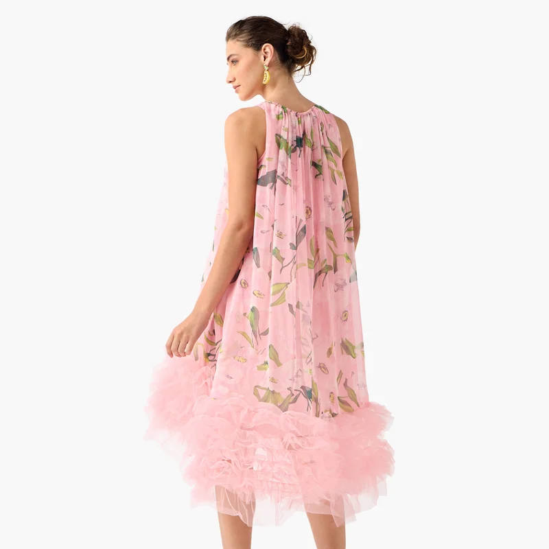 2Xtremz 2Xtremz Floral Print Sleeveless Midi Dress with Tulle Detail
