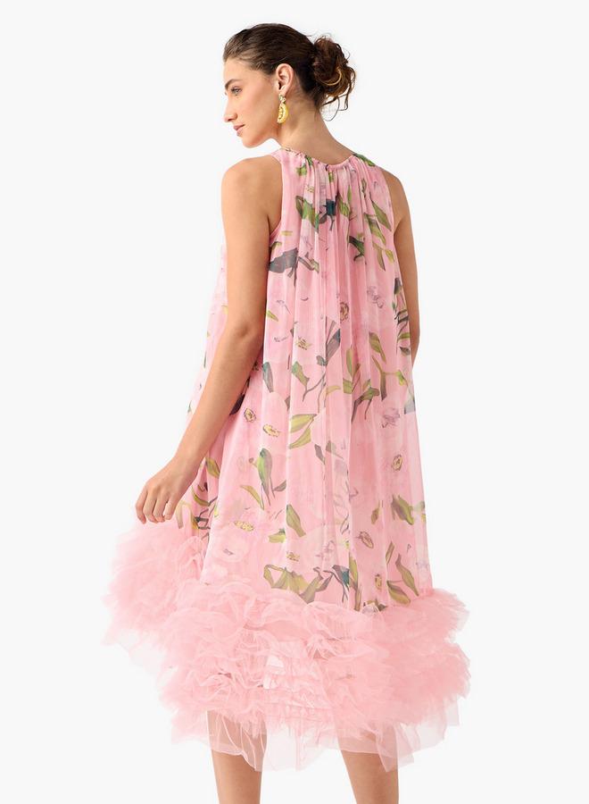 2Xtremz Floral Print Sleeveless Midi Dress with Tulle Detail - Image 3