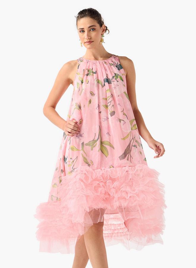 2Xtremz Floral Print Sleeveless Midi Dress with Tulle Detail - Image 1