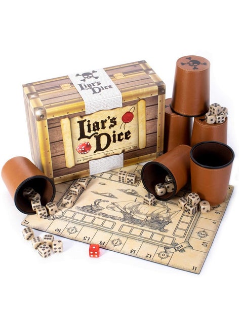 Liar'S Dice Game Set - Classic Family Bluffing Game - Treasure Chest Includes Six Professional Bicast Leather Dice Cups, 30 Custom Bullseye D6 Dice, Custom Bidding Die, Pirate Ship Game Mat