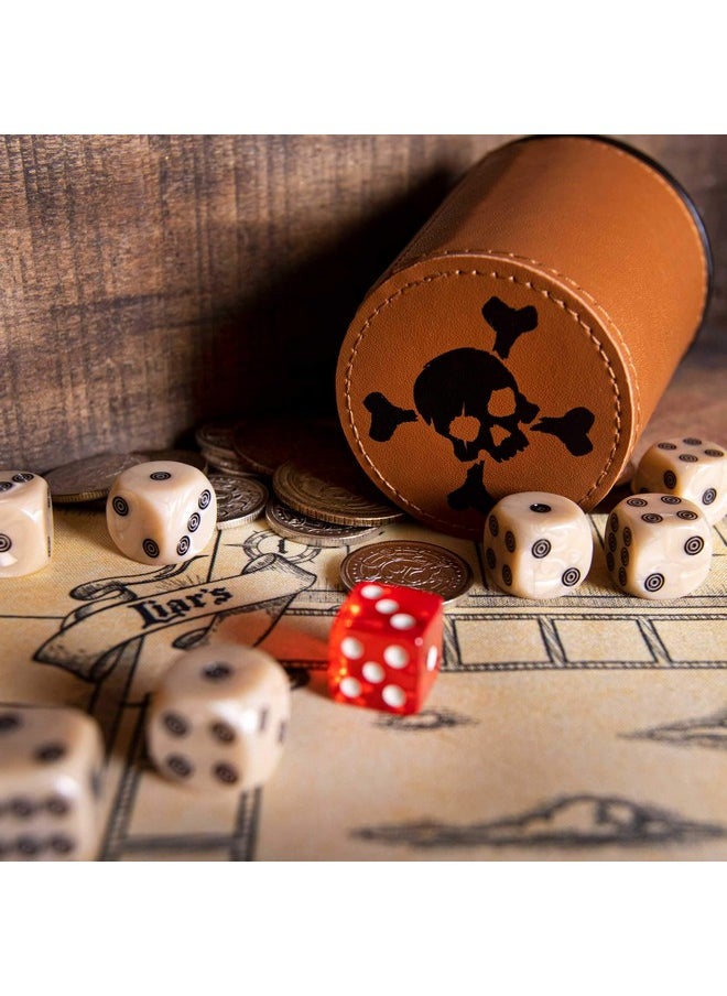 Liar'S Dice Game Set - Classic Family Bluffing Game - Treasure Chest Includes Six Professional Bicast Leather Dice Cups, 30 Custom Bullseye D6 Dice, Custom Bidding Die, Pirate Ship Game Mat